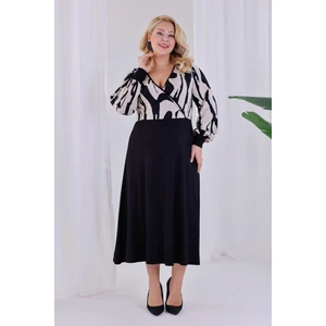 Kadın Bej Siyah Soyut Desen Bloklu Kruvaze Yaka Balon Kol Büyük Beden Esnek Maxi Elbise