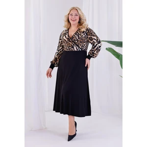 Kadın Kahve Leopar Desen Bloklu Kruvaze Yaka Balon Kol Büyük Beden Esnek Maxi Elbise