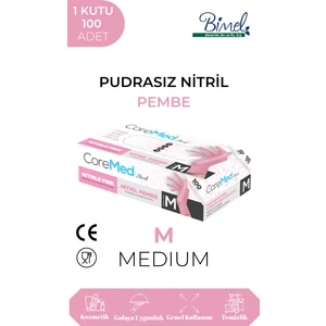 Toz Pembe Nitril Muayene Eldiveni Pudrasız 100’lük Kutu - Medium