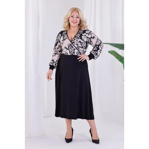 Kadın Siyah Bej Etnik Desen Bloklu Kruvaze Yaka Balon Kol Büyük Beden Esnek Maxi Elbise