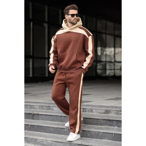 Acı Kahverengi Kapüşonlu Şerit Detaylı Erkek Eşofman Takımı E7326