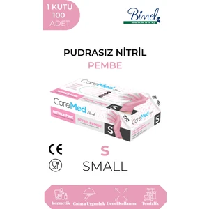 Coremed Pembe Nitril Muayene Eldiveni Pudrasız 100 Lü Paket S Beden