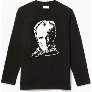 Uzun Kollu Atatürk Silüet ve Imza Baskılı Pamuklu Çocuk Tişört