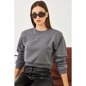 Kadın Bisiklet Yaka 3 Ip Şardonlu Basic Crop Sweatshirt