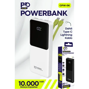 7go Gpw-06 10000MAH PD22.5W Hızlı Şarj Powerbank Beyaz | Dahili Type-C & Lightning Kablo | Dijital Ekranlı Taşınabilir Şarj Cihazı