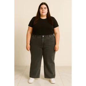 Premıum Süper Battal Büyük Beden Yüksek Bel Geniş Paça Esnek Likralı Kot Pantolon