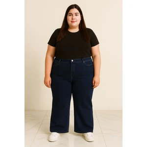 Premıum Süper Battal Büyük Beden Yüksek Bel Geniş Paça Esnek Likralı Kot Pantolon