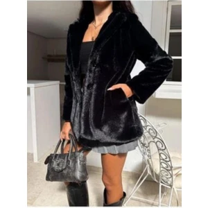 Kadın Astarlı Çift Cepli Suni Peluş Kürk Yumoş Ceket