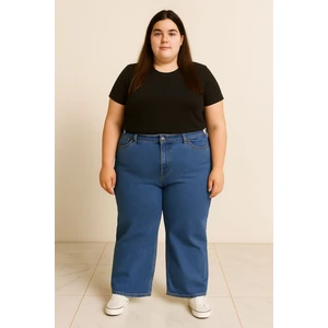 Premıum Süper Battal Büyük Beden Yüksek Bel Geniş Paça Esnek Likralı Kot Pantolon