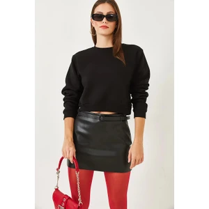 Kadın Bisiklet Yaka 3 Ip Şardonlu Basic Crop Sweatshirt