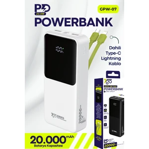 7go Gpw-07 20000MAH PD22.5W Hızlı Şarj Powerbank Beyaz | Dahili Type-C & Lightning Kablo | Dijital Ekranlı Taşınabilir Şarj Cihazı