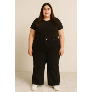 Premıum Süper Battal Büyük Beden Yüksek Bel Geniş Paça Esnek Likralı Kot Pantolon