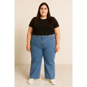 Premıum Süper Battal Büyük Beden Yüksek Bel Geniş Paça Esnek Likralı Kot Pantolon