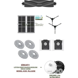 Dreame L10S Ultra Gen 2 Yedek Ana Fırça, Yan Fırça, Hepa Filtre, Mop, Toz Torbası - 11 Parça