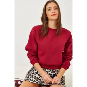 Kadın Bisiklet Yaka 3 Ip Şardonlu Basic Crop Sweatshirt