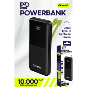 7go Gpw-06 10000MAH PD22.5W Hızlı Şarj Powerbank Siyah | Dahili Type-C & Lightning Kablo | Dijital Ekranlı Taşınabilir Şarj Cihazı