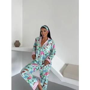 Mavi Pembe Baskılı Ipek Saten Uzun Pijama Takımı