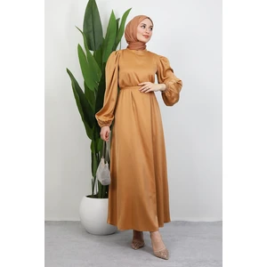 Ince Kuşaklı Saten Elbise Gold