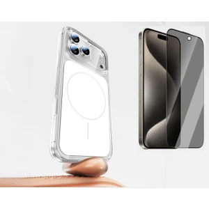 iPhone 17 Pro Max Kılıf Zore M-Safe Şarj Özellikli Şeffaf Kamera Kontrol Butonlu Lugano Kapak + Hayalet Ekran Koruyucu