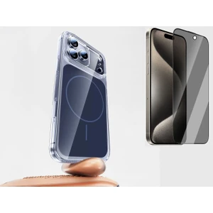 iPhone 17 Pro Max Kılıf Zore M-Safe Şarj Özellikli Şeffaf Kamera Kontrol Butonlu Lugano Kapak + Hayalet Ekran Koruyucu