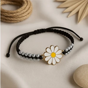 Papatya Figürlü Çift Sıra Boncuklu Makrome Bileklik