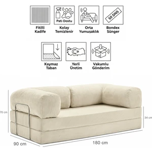 90X180 Kanepe - Fitilli Kadife Yıkanır Silinir Pratik Yer Yatağı 50 Dns Bondex 90X180CM Bej Renk