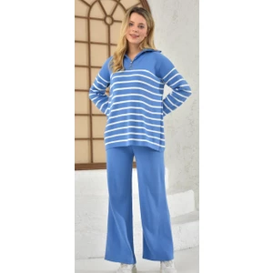 Kadın Kazak Yaka Fermuarlı Pantolon 2'li Set Takım Çizgili Pantolonlu Kazak ve Pantolon Saks - 214550