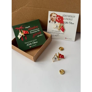 Türk Bayraklı Atatürk Yaka Rozeti Broş 10 Adet Öğretmenler Günü Kartlı ve Kutulu Hediyelik