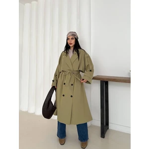 Kadın Haki Uzun Trençkot Cepli Kuşaklı Rüzgar Kapaklı Yeni Sezon Dış Giyim