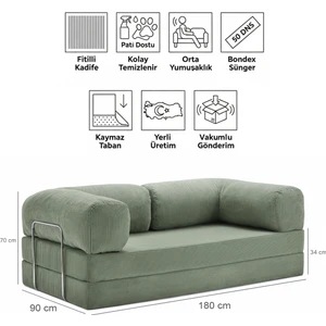 90X180 Kanepe - Fitilli Kadife Yıkanır Silinir Pratik Yer Yatağı 50 Dns Bondex 90X180CM