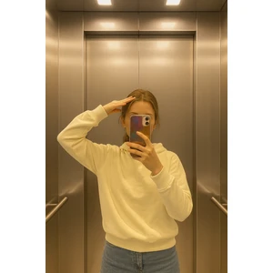 Beyaz Kapüşonlu Şardonlu Kışlık Basic Sweatshirt