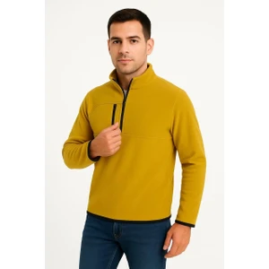 Erkek Polar Kazak – Dik Yaka, Yarım Fermuarlı, Fermuarlı Göğüs Cepli, Siyah Biyeli, Kışlık Rahat Regular Fit Günlük Model - Sarı