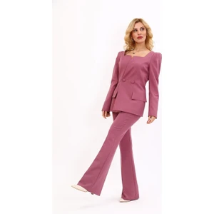 Kare Yaka Ceket & Ispanyol Paça Pantolon-Rose