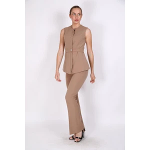 Sıfır Yaka Kemerli Yelek & Ispanyol Paça Pantolon-Taş