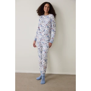 Açık Mavi Tea Party Içecek Desenli Bisiklet Yaka Pijama Takımı