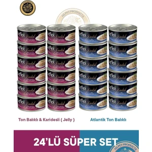 Plus Essential Jöle İçinde Ton Balık - Karides & Atlantik Ton Balık Yetişkin Kedi Konserve Maması Seti 24x70 gr