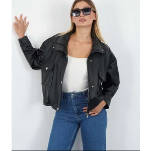 My Lunessa Siyah Kısa Deri Bomber Ceket