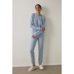 Açık Mavi Bisiklet Yaka Uzun Kollu Waffle Termal Etkili Pijama Takımı