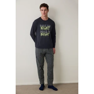 Çizgili Night Erkek Bisiklet Yaka Uzun Kollu Pijama Takımı