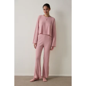 Toz Pembe Kayık Yaka Waffle Termal Etkili Uzun Kollu Pijama Takımı