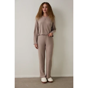 Koyu Bej Mocha Waffle Bisiklet Yaka Termal Etkili Pijama Takımı