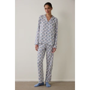 Açık Mavi Blue Flowers Uzun Kollu Gömlek Pijama Takımı