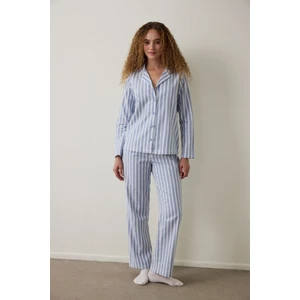 Açık Mavi Cozy Çizgili Gömlek Yaka Düğmeli Pamuklu Uzun Kollu Pijama Takımı