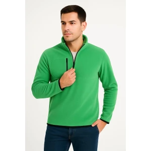 Erkek Polar Kazak – Dik Yaka, Yarım Fermuarlı, Fermuarlı Göğüs Cepli, Siyah Biyeli, Kışlık Rahat Regular Fit Günlük Model - Yeşil