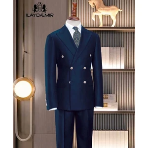 Özel Tasarım Italyan Kesim Kruvaze Erkek Takım Elbise Derin Lacivert