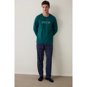 Yeşil Erkek Ski Ekoseli Bisiklet Yaka Pijama Takımı