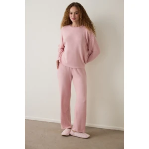 Pembe Bisiklet Yaka Uzun Kol Pijama Takımı