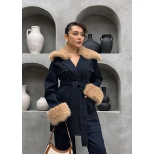 Yaka ve Kolda Kürk Detaylı Denim Ikili Takım | Pantolon Ceket Kadın Kot Takım