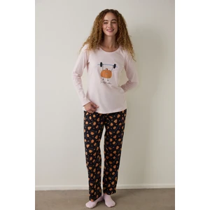 Balkabağı Desenli Bisiklet Yaka Pamuklu Uzun Kollu Pijama Takımı