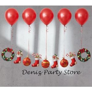 5 Adet Kırmızı Balonlu Yılbaşı Dekoratif Banner Çelenk Duvar Süsü ( Tek Tarafı Baskılıdır )